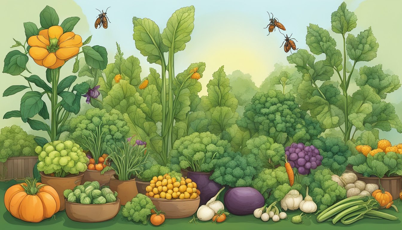 A garden scene with various vegetables showing signs of damage from tarnished plant bugs