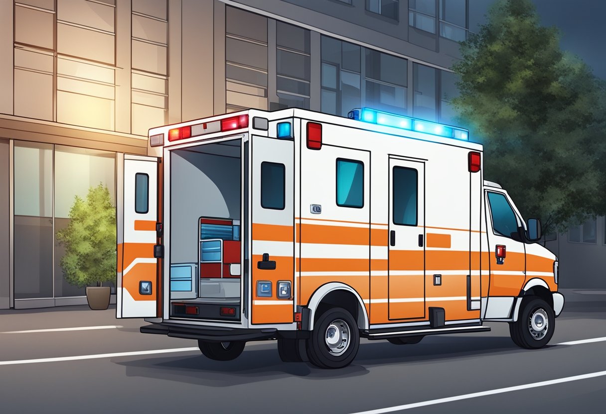 Plano de Ambulância: Guia Completo para Escolha e Adesão 8 Uma ambulância estacionada do lado de fora de um hospital, com as luzes piscando e as portas traseiras abertas, pronta para transporte de emergência.