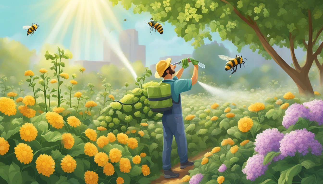 A gardener sprays neem oil on mealybug-infested vegetable plants under a sunny sky, surrounded by blooming flowers and buzzing bees