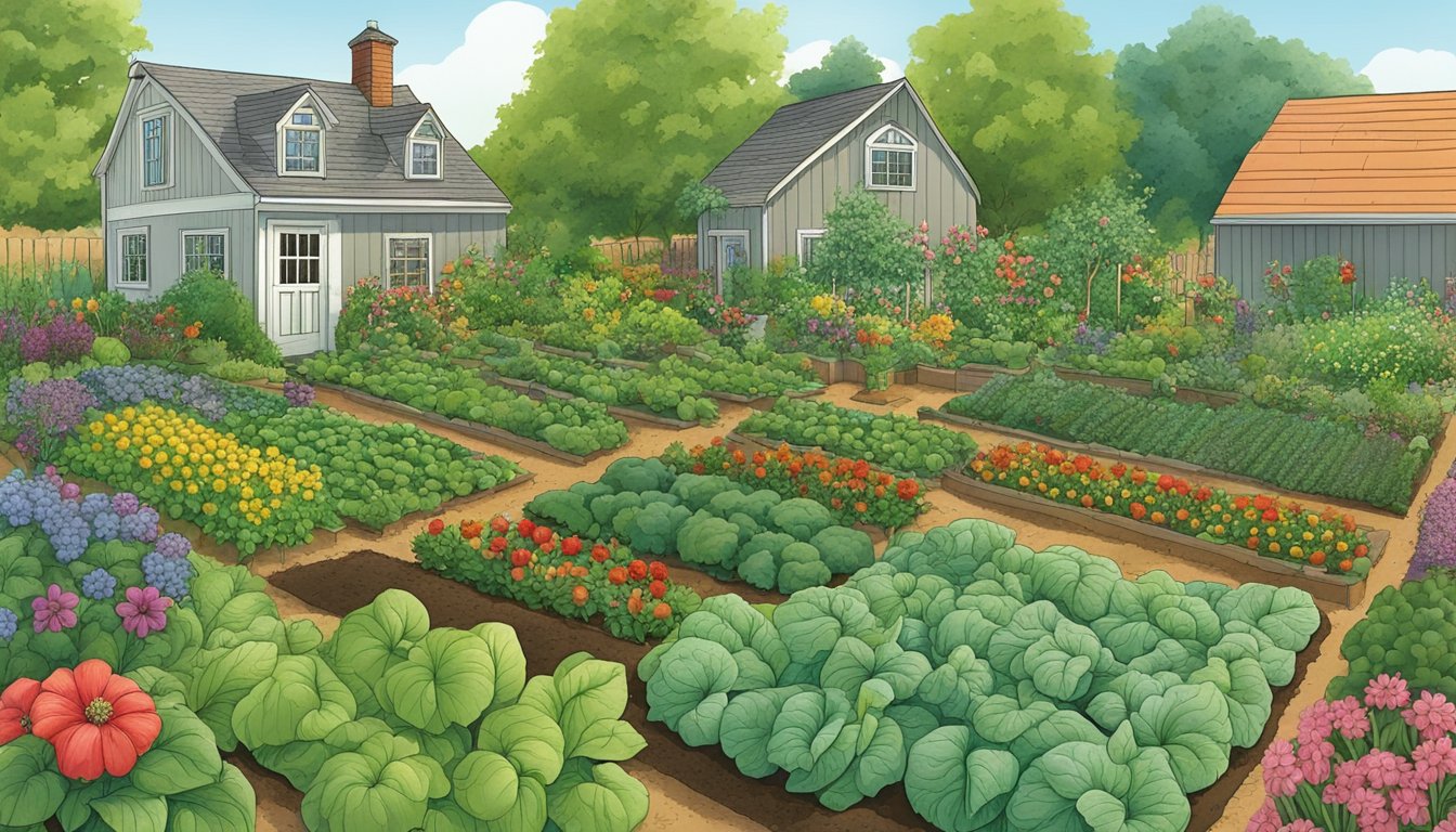 A lush vegetable garden with various crops and flowers, showing signs of pest damage from tarnished plant bugs. Organic control methods such as companion planting and row covers are being implemented