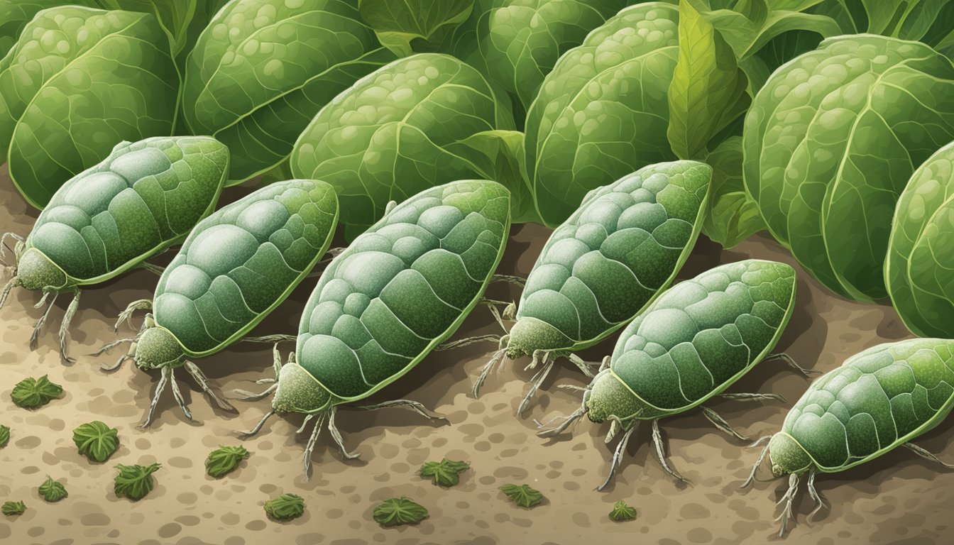 A close-up illustration of scale insects infesting vegetable plants, with natural methods being used for management