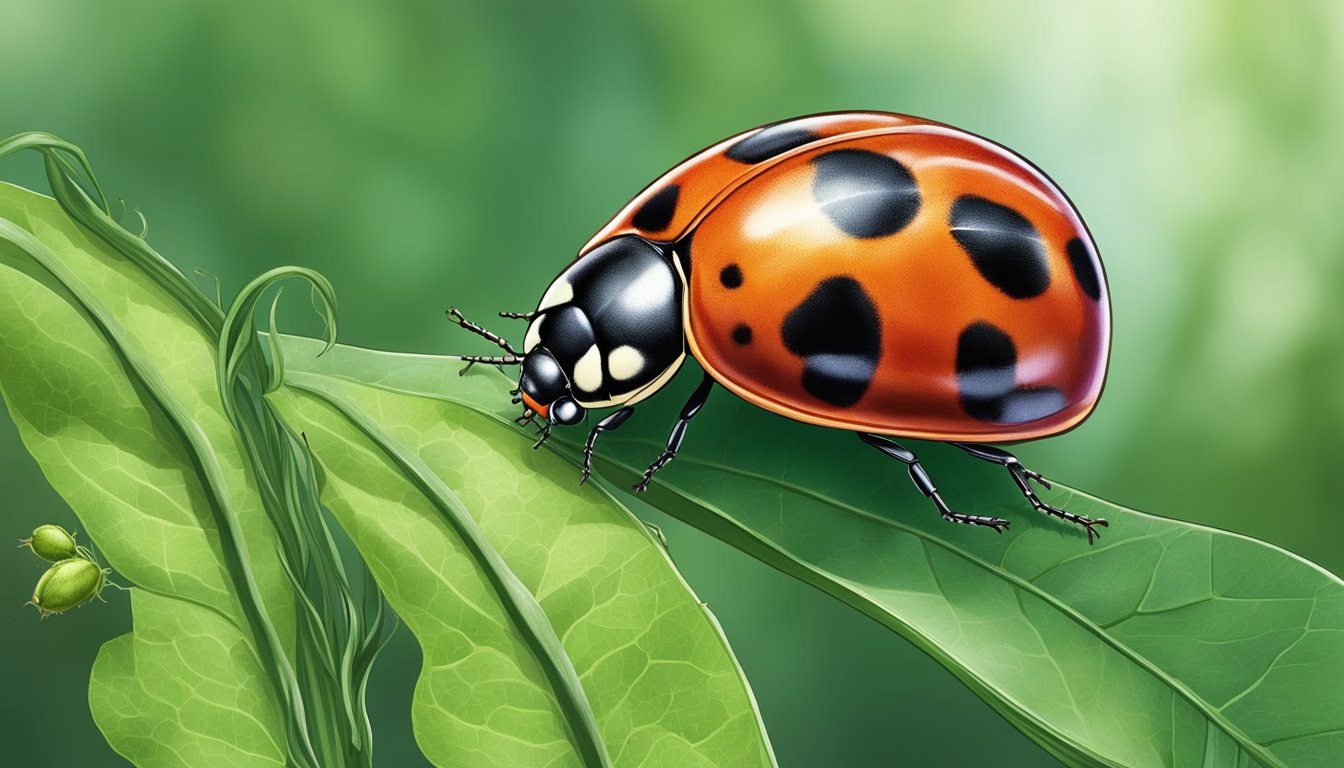 A ladybug perched on a green leaf, feasting on scale insects infesting a vegetable plant