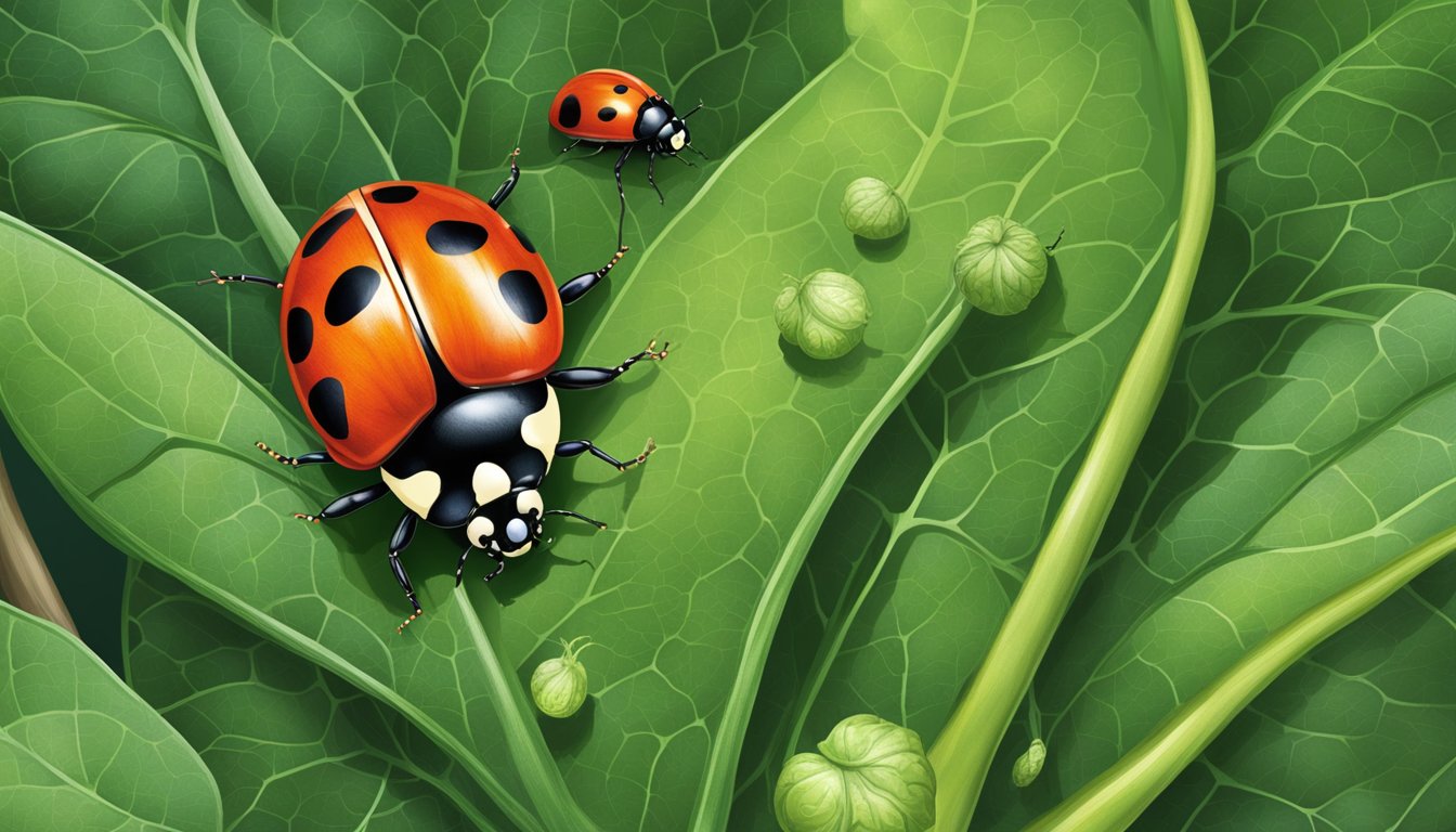 A ladybug perched on a leaf, feasting on scale insects infesting a vegetable plant. Surrounding plants show signs of healthy growth