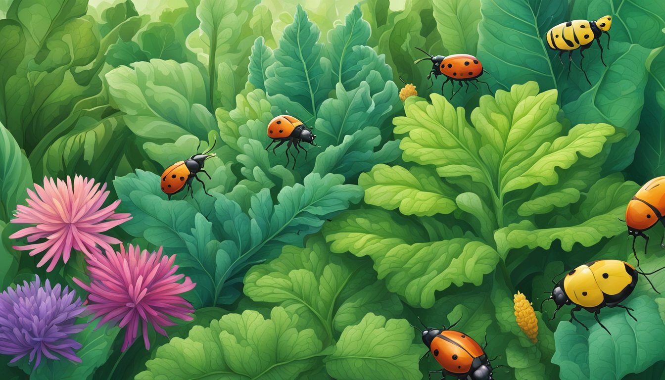 A lush garden of leafy greens with vibrant colors, surrounded by diverse plant life. A few flea beetles can be seen on the leaves, while natural predators hover nearby