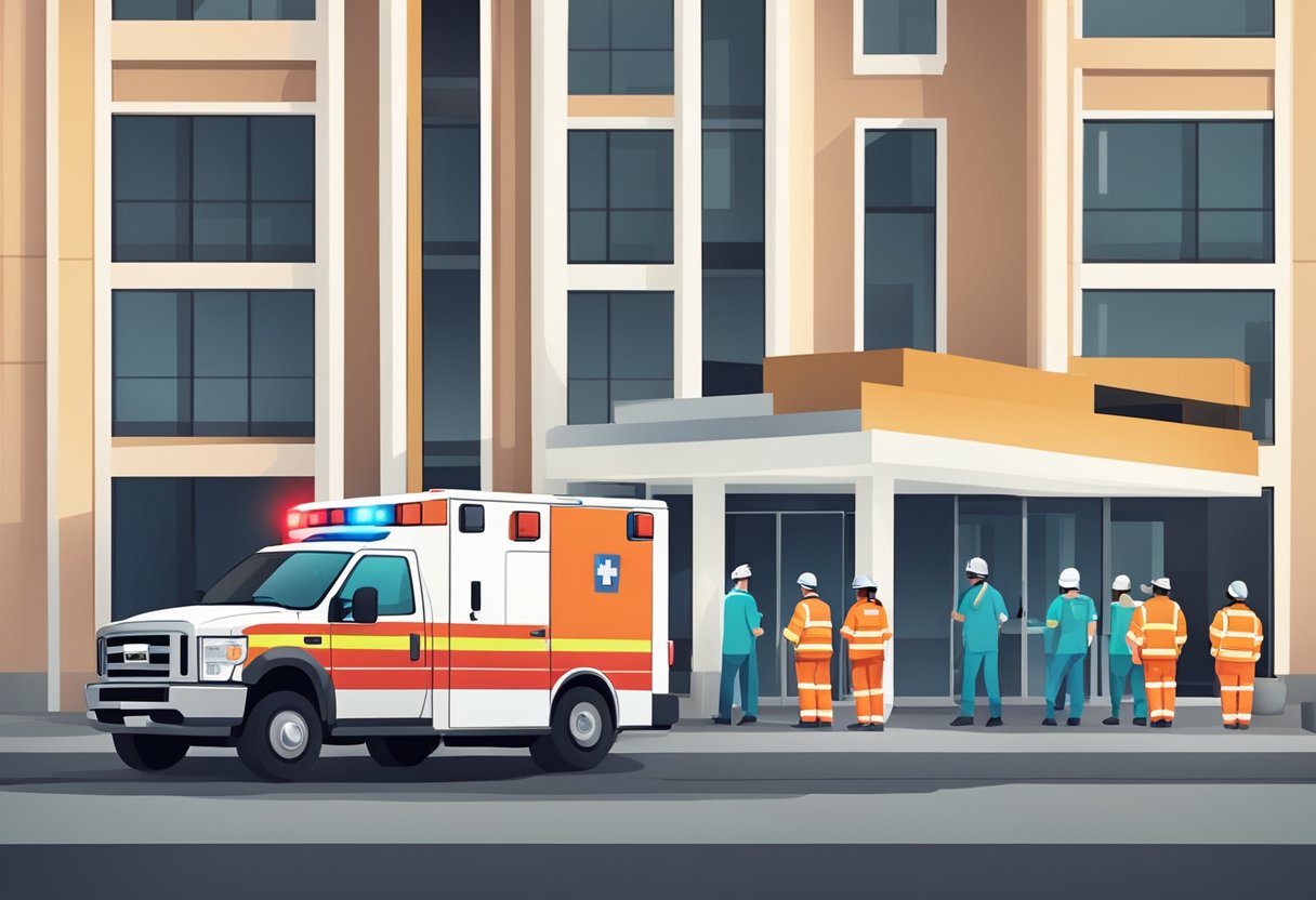 Quanto Custa Chamar Uma Ambulância: Guia Atualizado Sobre Tarifas e Serviços Uma ambulância estacionada do lado de fora de um prédio, com luzes de emergência piscando e paramédicos atendendo a um paciente em uma maca.