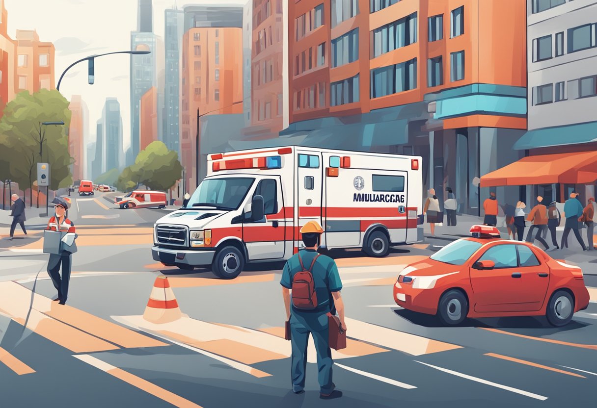 Quanto Custa Chamar Uma Ambulância: Guia Atualizado Sobre Tarifas e Serviços Uma pessoa discando um número de emergência com uma expressão preocupada, enquanto uma ambulância vermelha e branca passa rapidamente por uma rua movimentada da cidade.