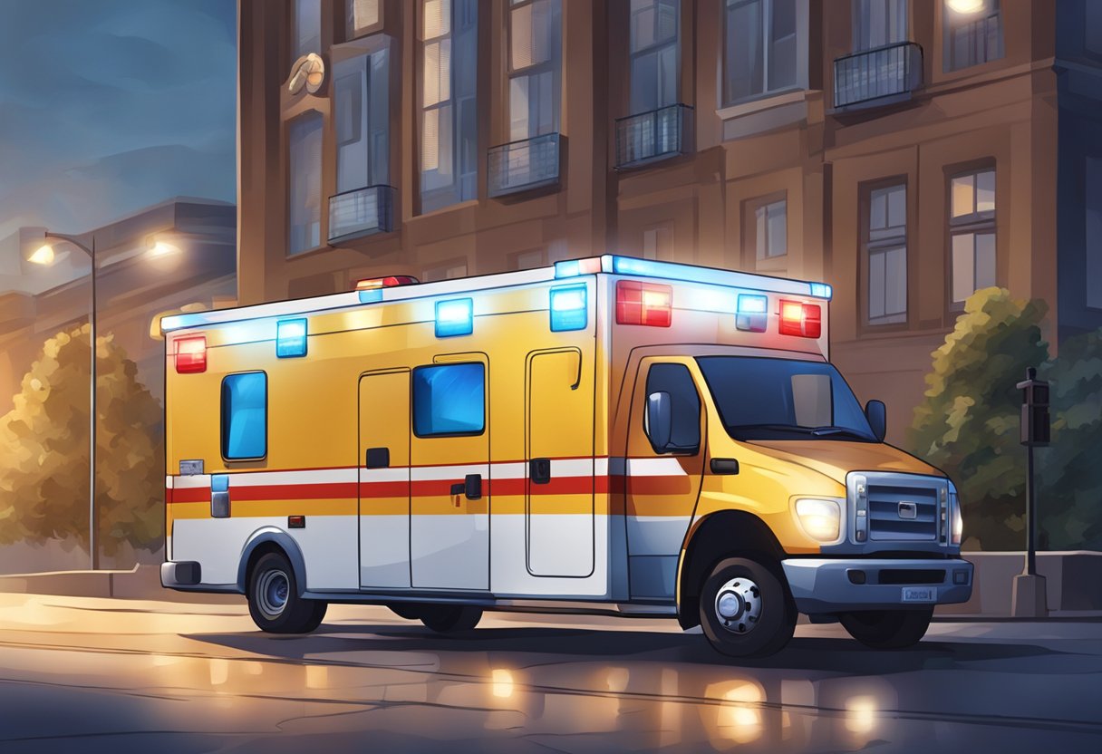 Quanto Custa Chamar Uma Ambulância: Guia Atualizado Sobre Tarifas e Serviços Uma ambulância estacionou do lado de fora de um prédio, suas luzes piscando. Um paramédico carregando uma bolsa médica se aproxima da entrada.