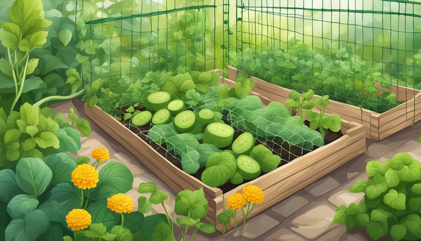 A garden with healthy cucumber plants surrounded by companion plants like marigolds and basil, with a net covering to protect against pests