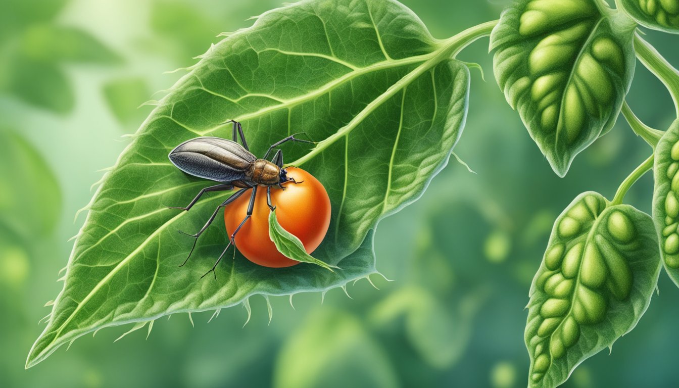 A thrips insect lands on a tomato plant, its tiny body poised to transmit the virus to the healthy green leaves