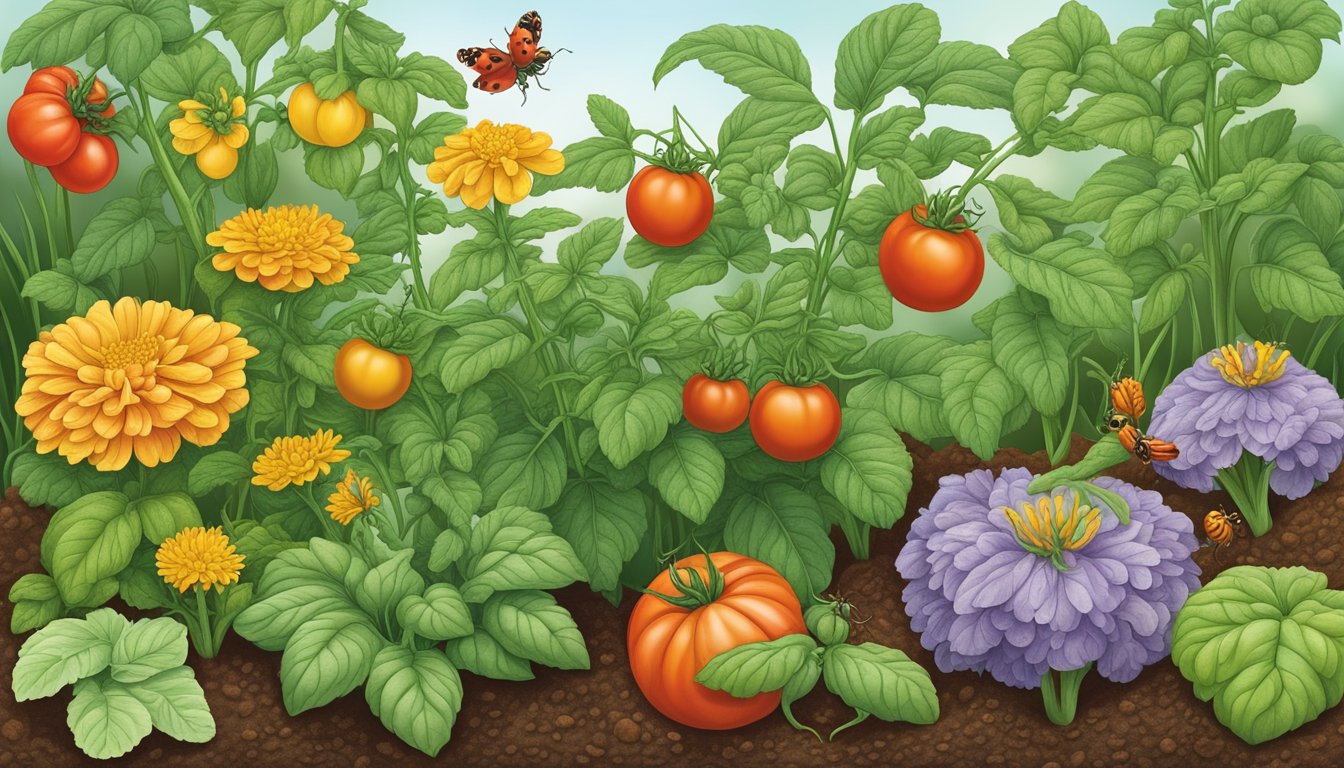 A healthy tomato plant surrounded by companion plants such as marigolds and basil, with beneficial insects like ladybugs and lacewings present in the garden