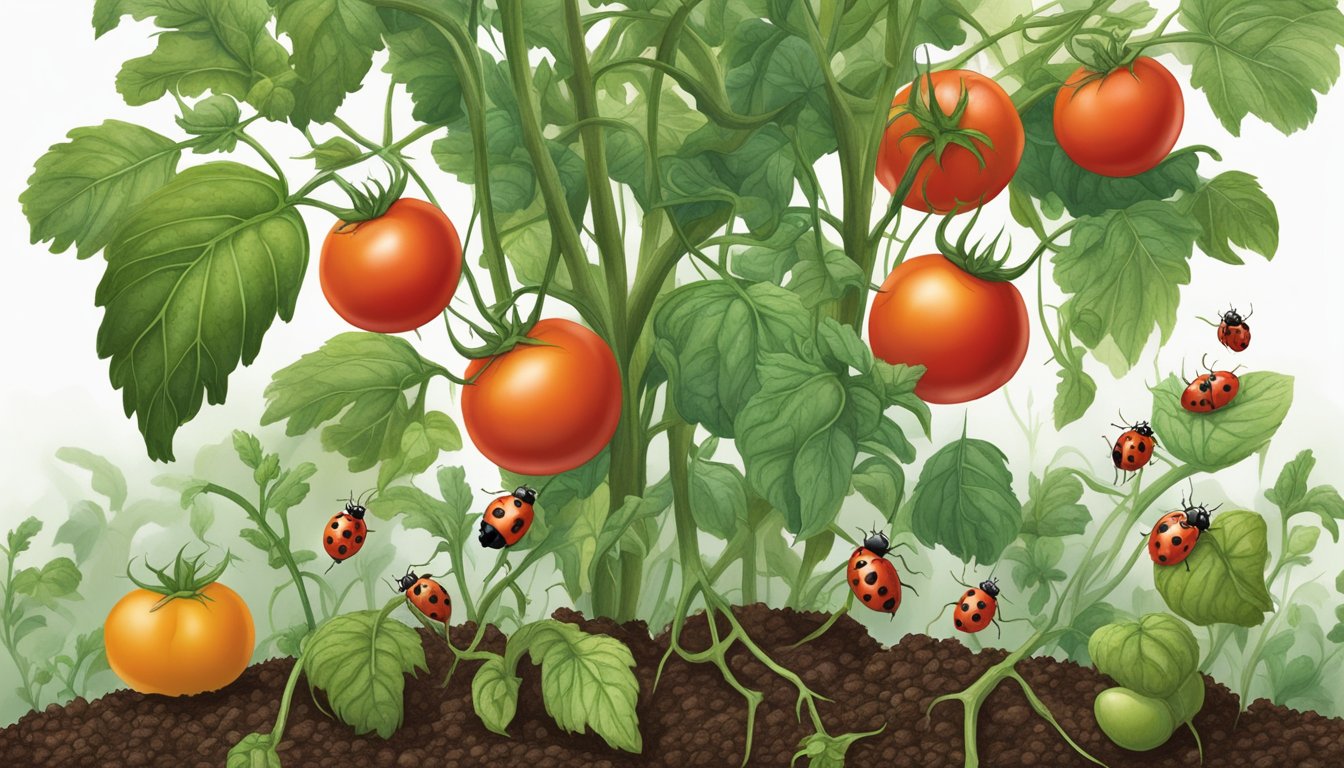 A healthy tomato plant surrounded by various natural elements such as ladybugs, spiders, and healthy soil, while a wilted plant is infested with the tomato spotted wilt virus