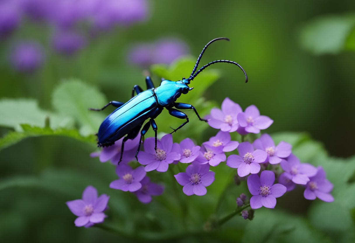 En livlig blå langhornbille satt på en bladrik gren, omkranset av frodig grønn løvverk og delikate lilla blomster