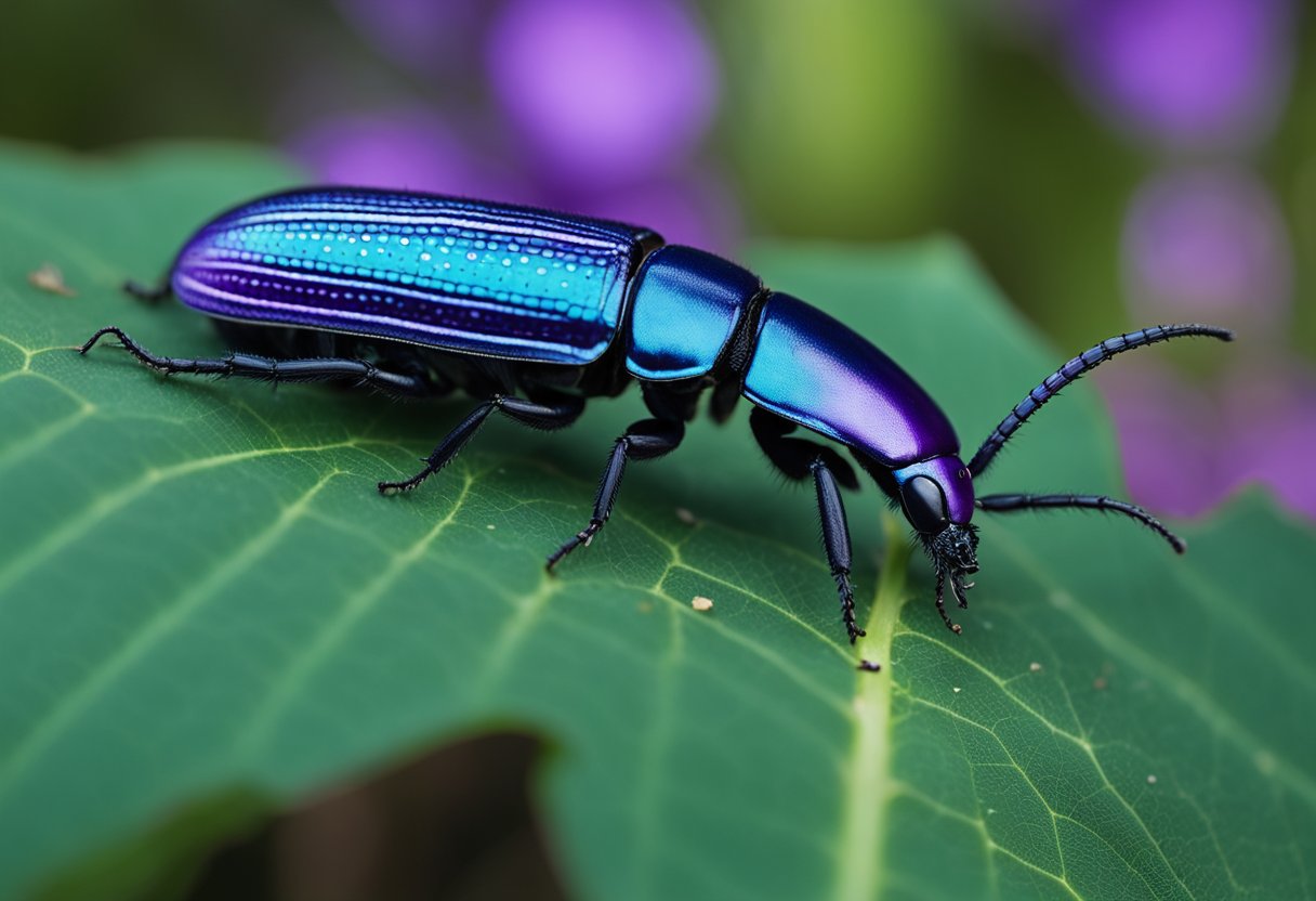 Et nærbilde av en fiolett klikkebille (Callidium violaceum) som kryper på et blad i en skogsetting, med detaljert fokus på dens iriserende blå og lilla eksoskjelett