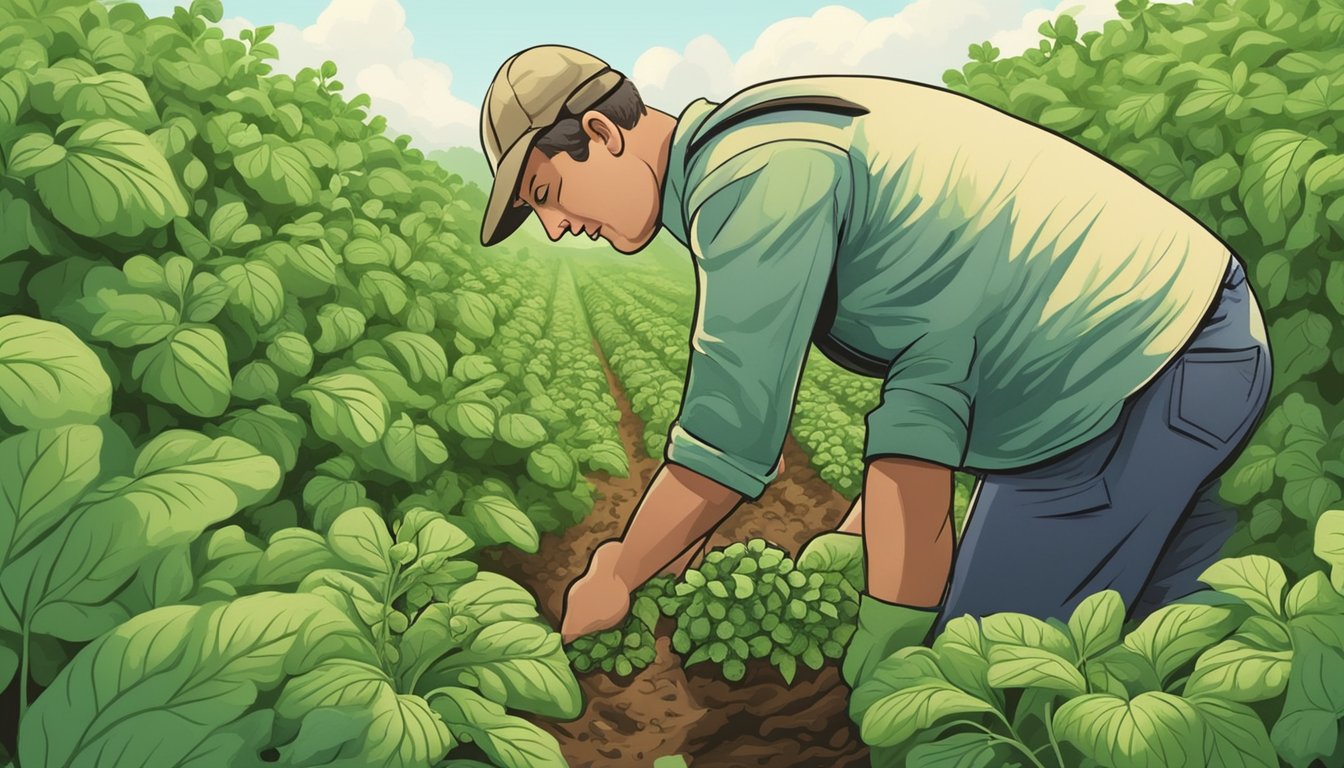 A farmer inspecting healthy potato plants with vibrant green leaves and no signs of disease