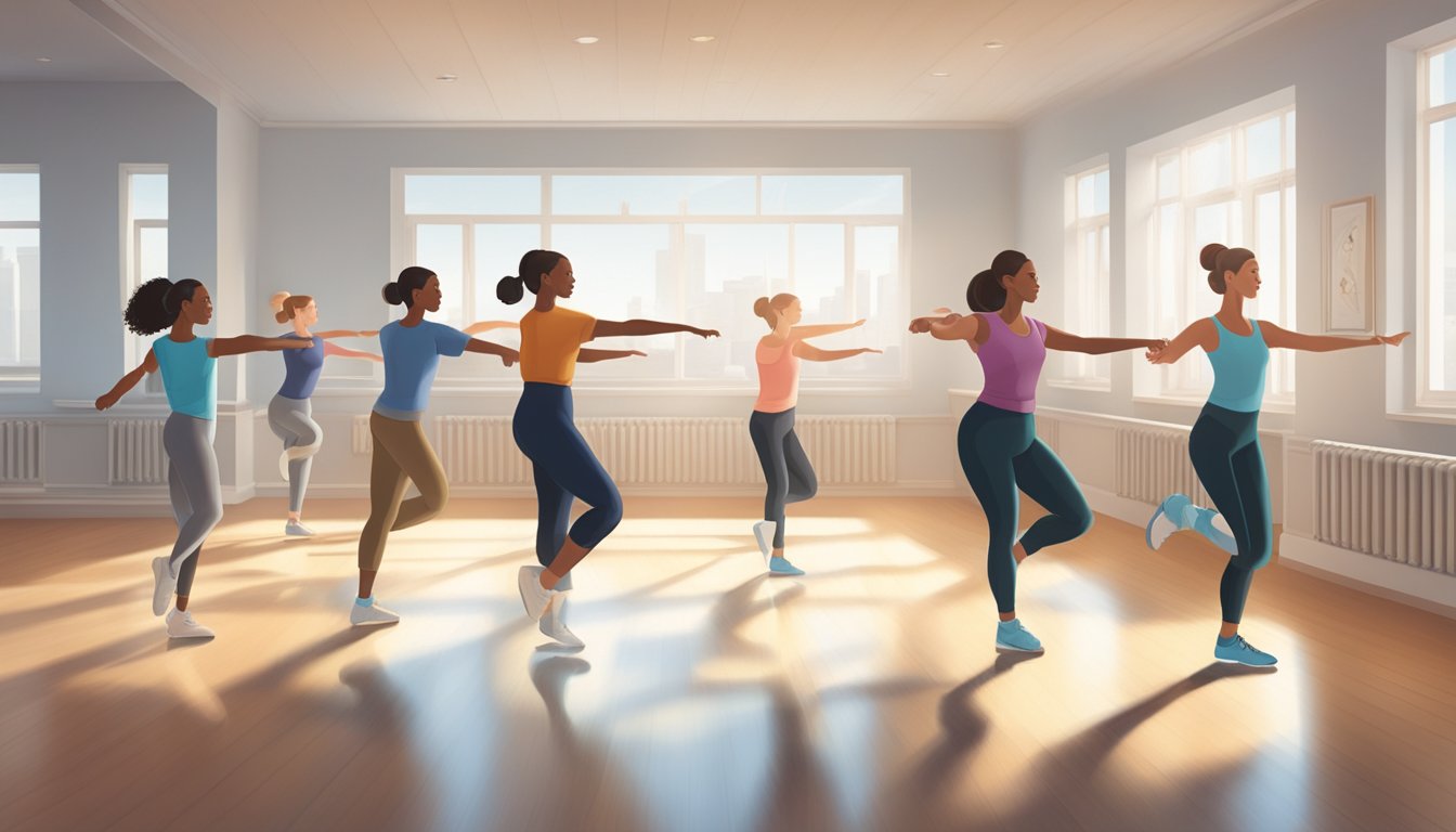 A group of diabetic dancers practicing in a well-lit studio, with a focus on movement and coordination. Water bottles and glucose tablets are nearby for safety