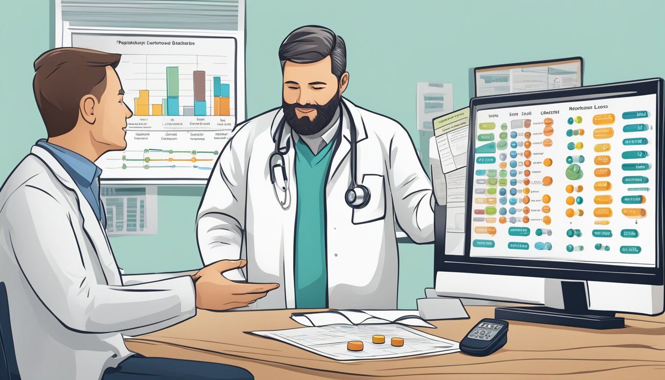 A doctor explaining medication options to a patient with a chart showing the impact of different medications on diabetic weight loss