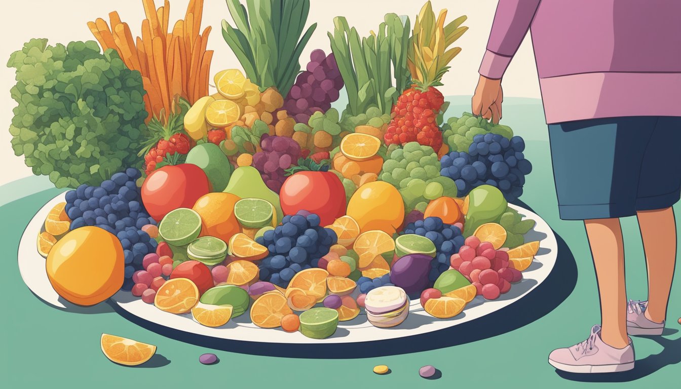 A person's shadow grows smaller as they walk away from a pile of sugary treats towards a plate of fruits and vegetables