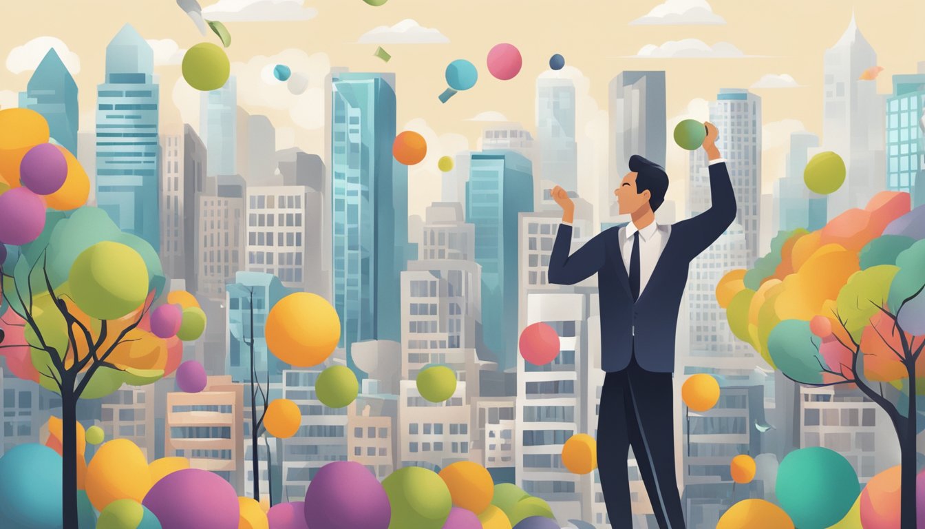 A person juggling work, exercise, and healthy eating amidst a backdrop of a bustling cityscape