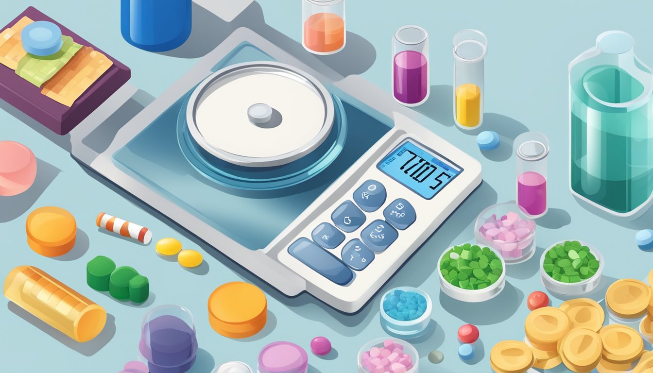 A scale surrounded by various medications, with a graph showing weight loss progress for diabetic patients