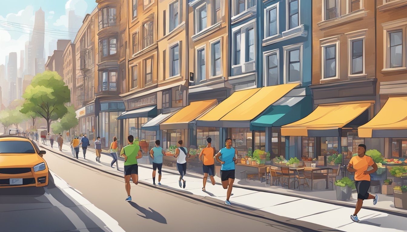 A bustling city street with a person jogging, healthy food shops, and a gym in the background