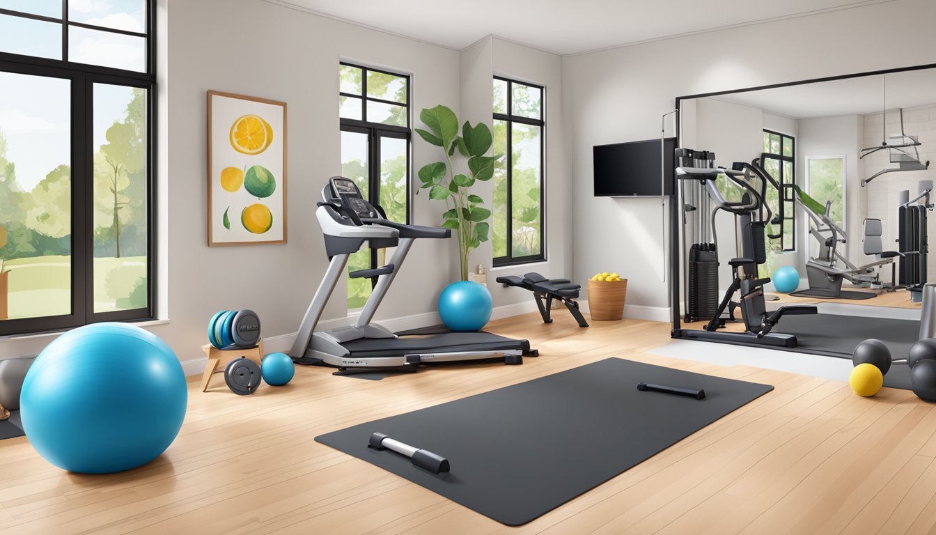 A bright, spacious home gym with accessible workout equipment, healthy snack options, and a water station