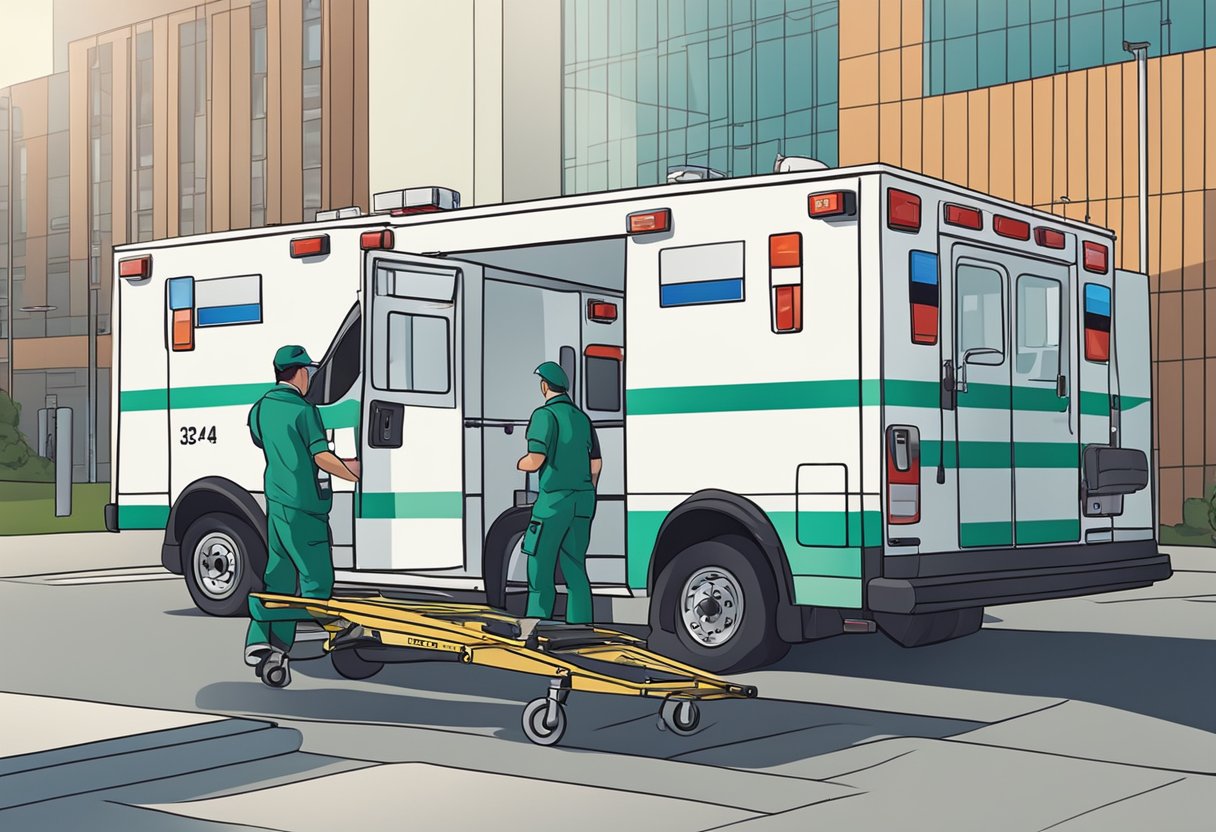 Ambulância Particular Preço: O Que Considerar ao Contratar Serviço 4 Uma ambulância estacionada do lado de fora de um hospital, com um paramédico carregando suprimentos médicos no veículo.