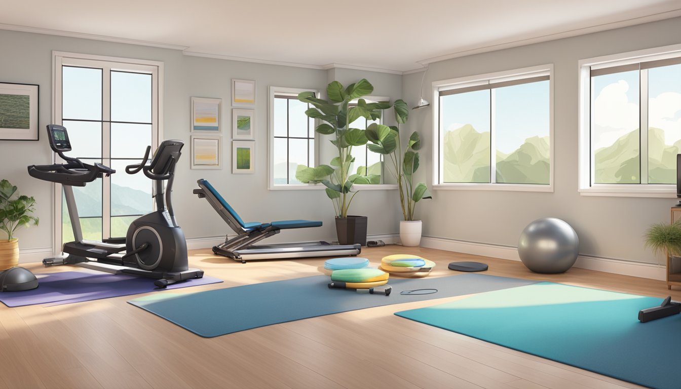 A home gym with diabetic-friendly equipment, like a treadmill, resistance bands, and yoga mat, set up in a well-lit and organized space with clear pathways for safe and accessible exercise