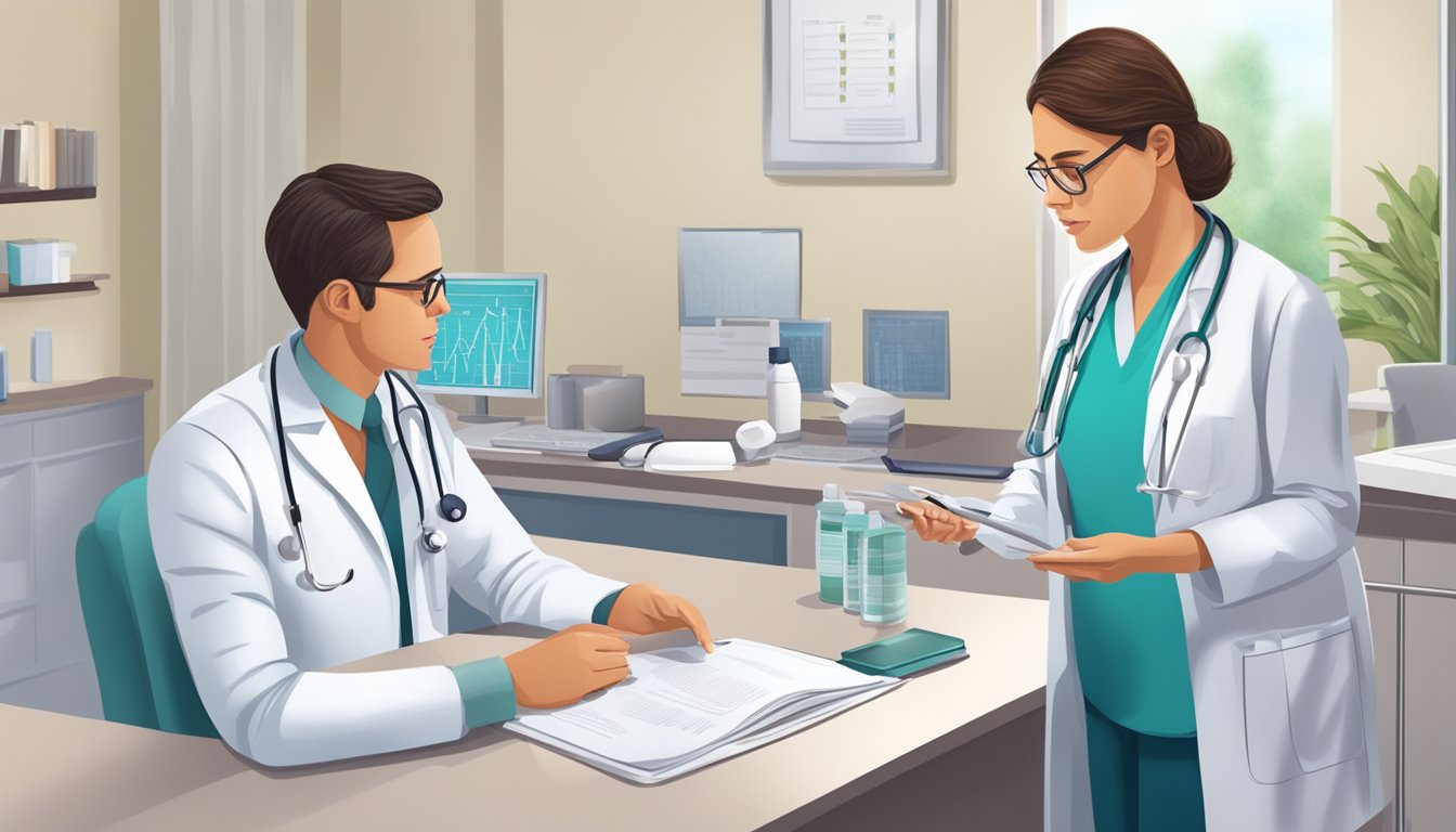 A doctor discussing thyroid and diabetes with a patient in an exam room