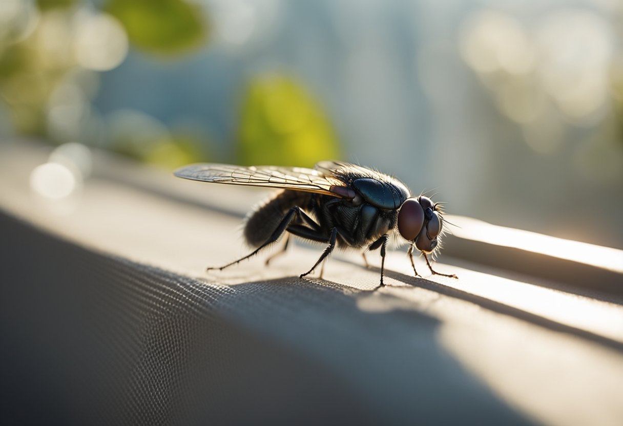 En husflue som hviler på et vindu med sollys som strømmer gjennom