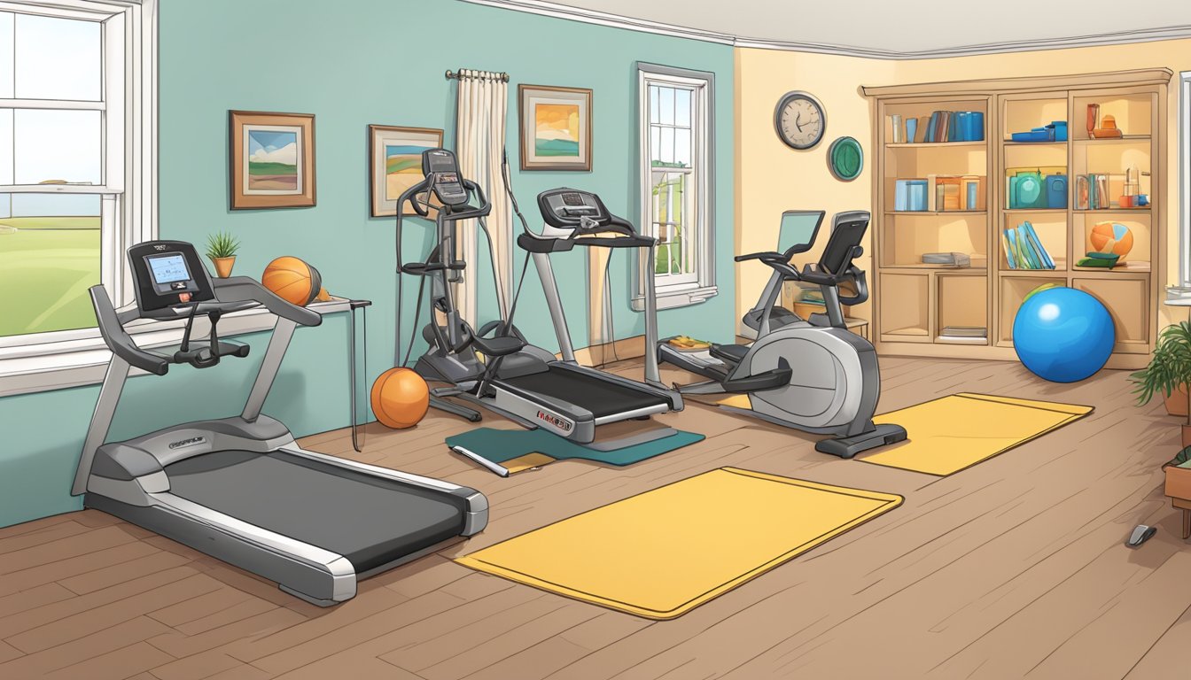 A spacious, well-lit room with exercise equipment tailored for diabetics, including a treadmill, resistance bands, and yoga mats. A water station and motivational posters complete the diabetic-friendly home gym