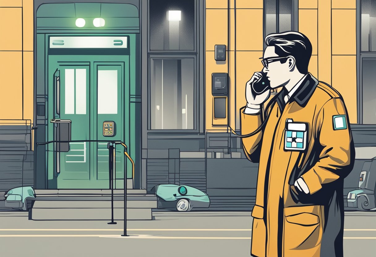 Ambulância Particular Preço: O Que Considerar ao Contratar Serviço 7 Uma pessoa discando um telefone com urgência, enquanto uma ambulância particular espera do lado de fora com suas luzes piscando.