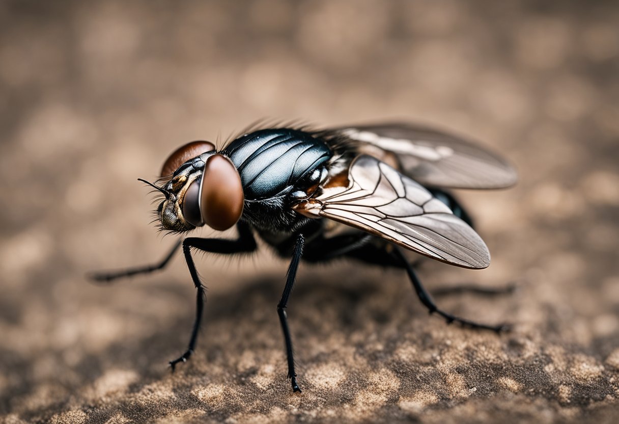 Et nærbilde av en vanlig husflue (Musca domestica) med detaljer av vingene og kroppen, mot en ensfarget bakgrunn