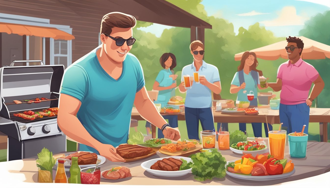 A diabetic at a summer BBQ, choosing lean meats and colorful vegetables from the grill while passing on sugary drinks and high-carb sides