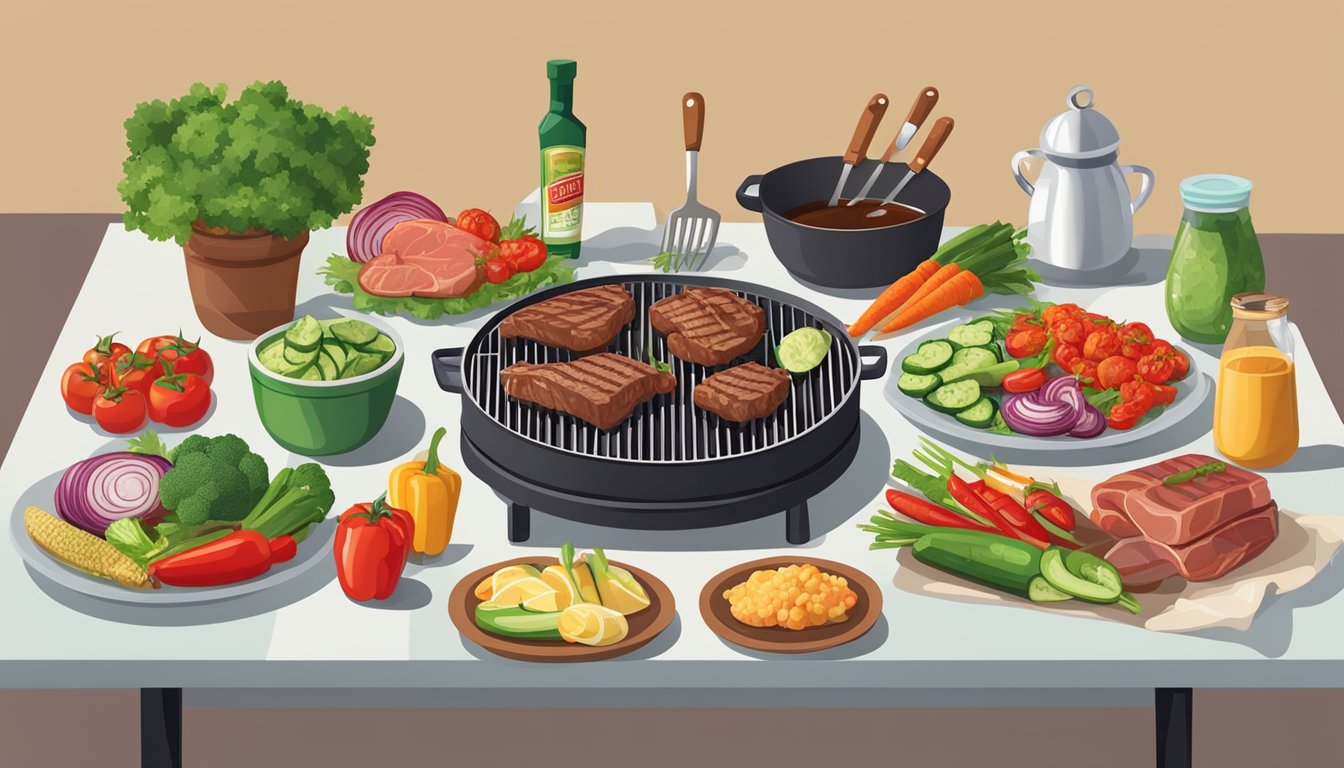 A table set with fresh vegetables, lean meats, and sugar-free condiments, surrounded by a grill and BBQ utensils