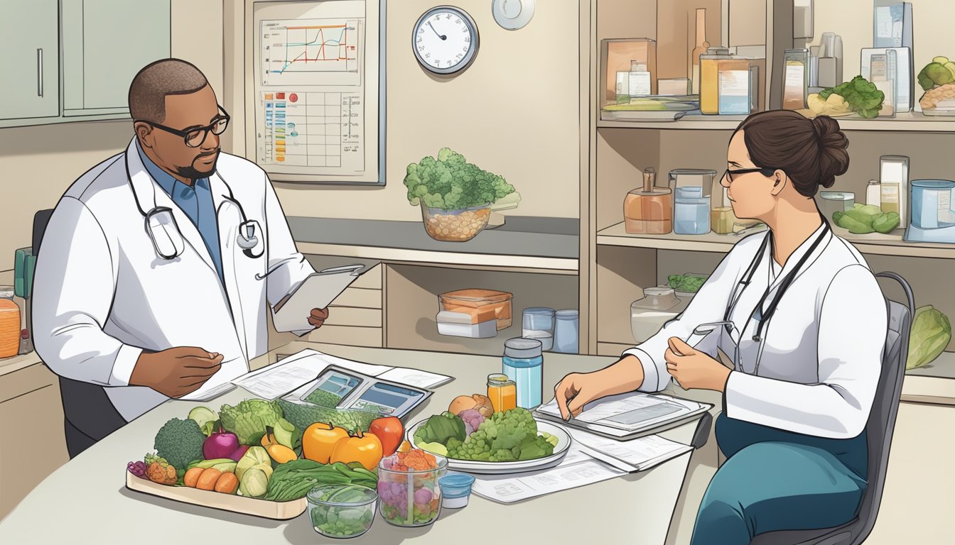 A healthcare professional discusses weight loss strategies with a person with Type 1 Diabetes, surrounded by charts, medical equipment, and healthy food options