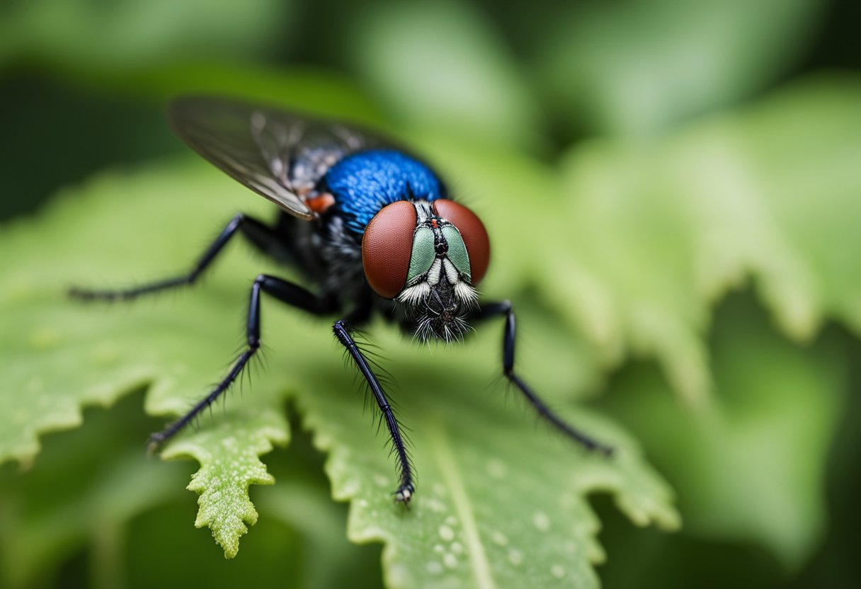 Et nærbilde av en Calliphora vicina-flue som hviler på et blad, med sin metallisk blå kropp og røde øyne tydelig synlige