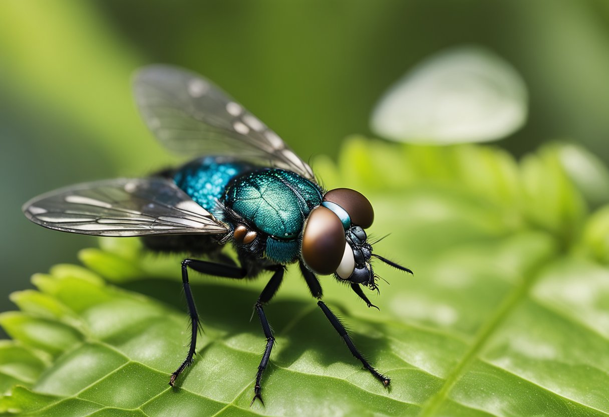 Et nærbilde av en blåflue (Calliphora vicina) som hviler på et blad med sin metalliske blå og grønne kropp som skinner i sollyset