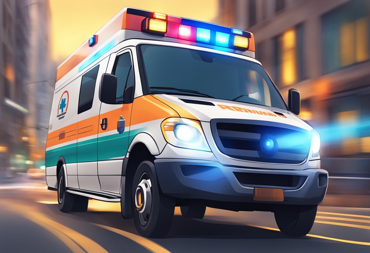 Uma ambulância particular correndo pelas ruas da cidade com luzes piscando e sirenes soando, respondendo a um chamado de emergência a qualquer hora do dia.