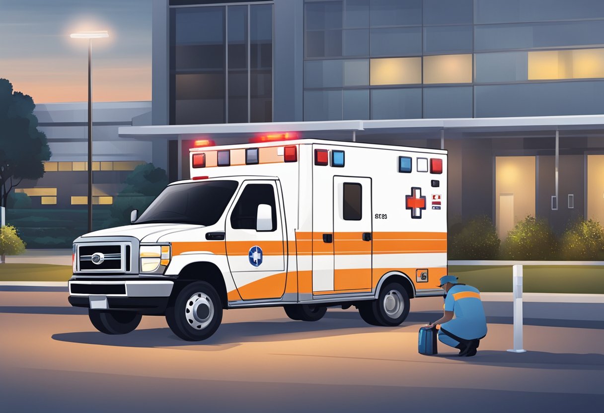 Uma ambulância particular estacionada do lado de fora de uma unidade médica, com um paramédico ao lado e as luzes do veículo piscando.
