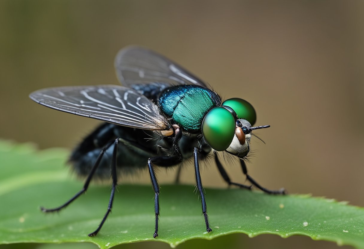 Et nærbilde av en Calliphora vicina-flue med metalliske blå og grønne nyanser, som sitter på et blad med vingene litt spredt.