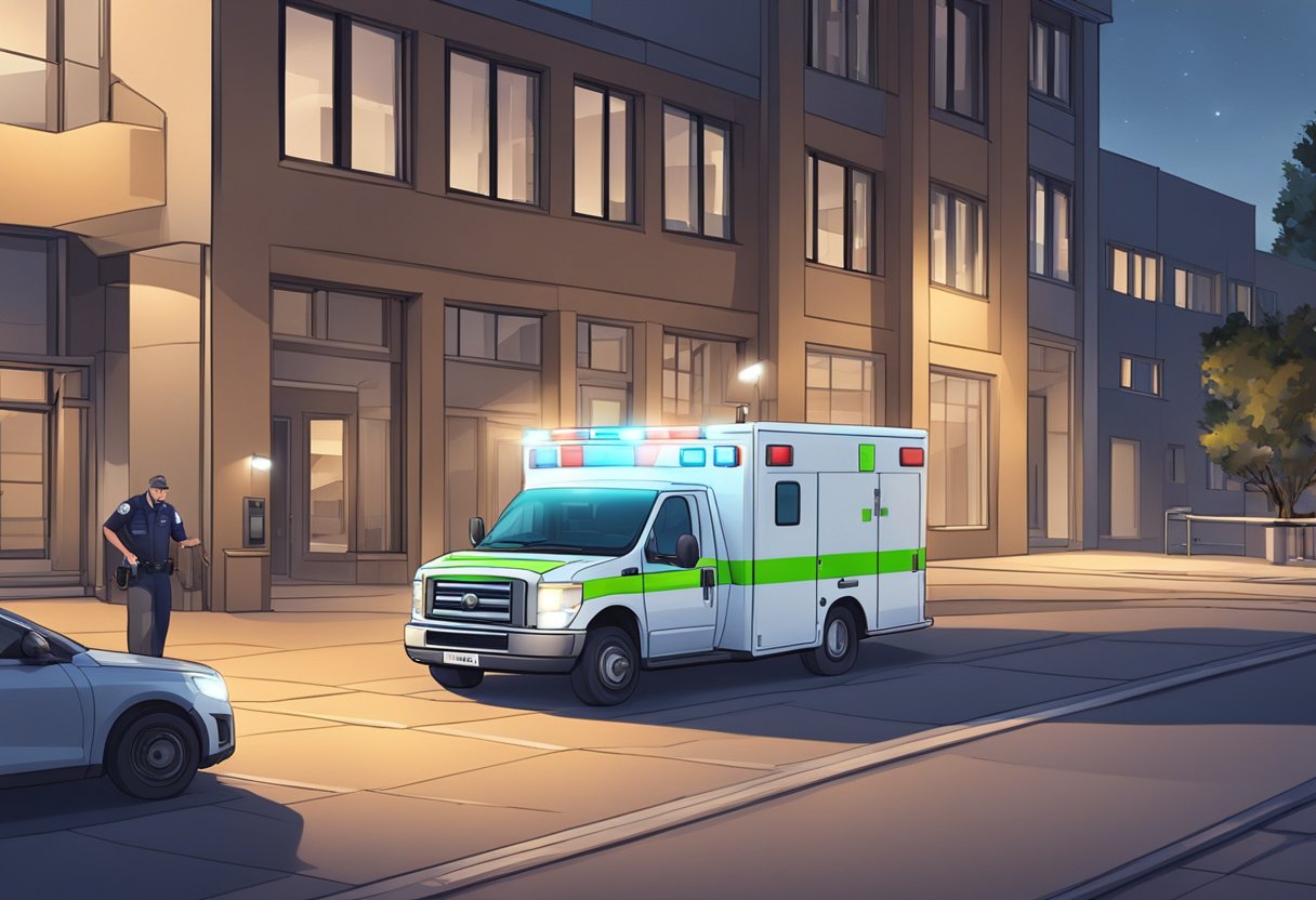 Uma ambulância particular estacionada do lado de fora de um prédio, com as luzes acesas e um paramédico em pé nas proximidades, pronto para ajudar.