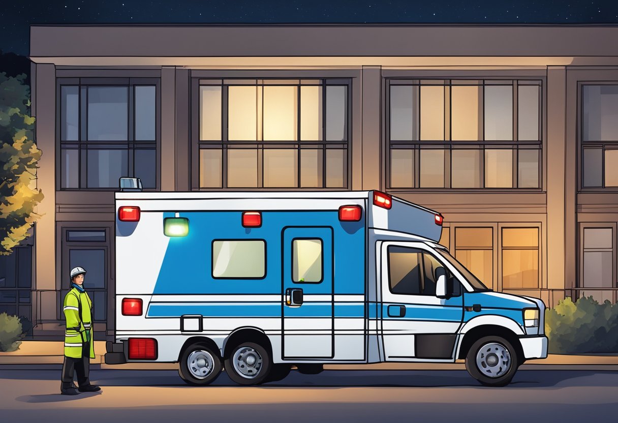 Uma ambulância particular estacionada do lado de fora de um prédio à noite, com as luzes acesas e um paramédico ao lado.