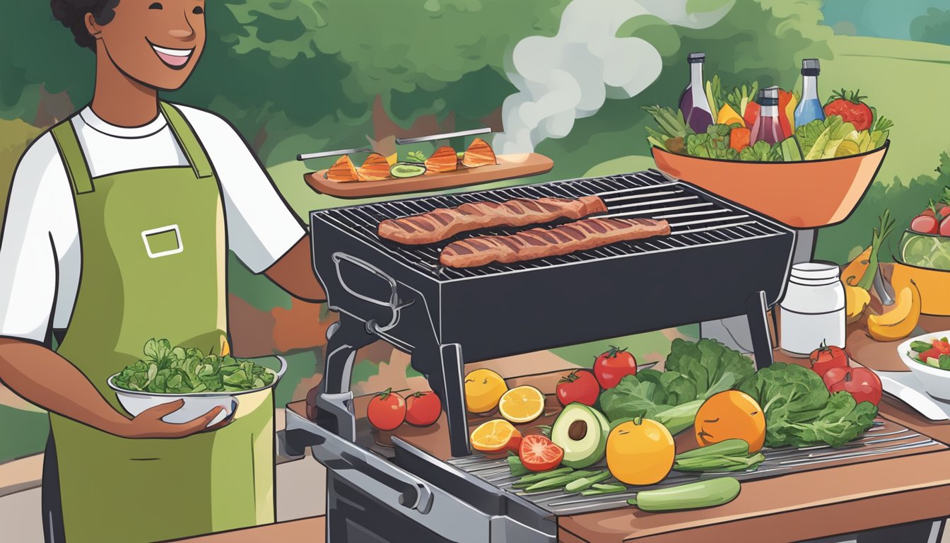 A person grills lean meats and vegetables on a BBQ, with a variety of colorful, fresh salads and fruit displayed on a table nearby. Sugar-free drinks and low-carb options are also available