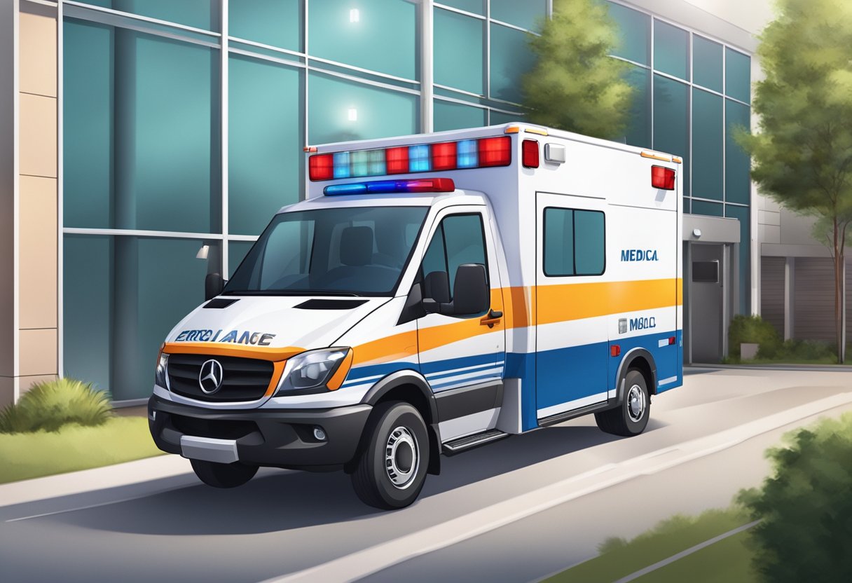 Uma ambulância particular estacionada do lado de fora de uma unidade médica, com luzes de emergência piscando e equipamentos médicos visíveis através das janelas.