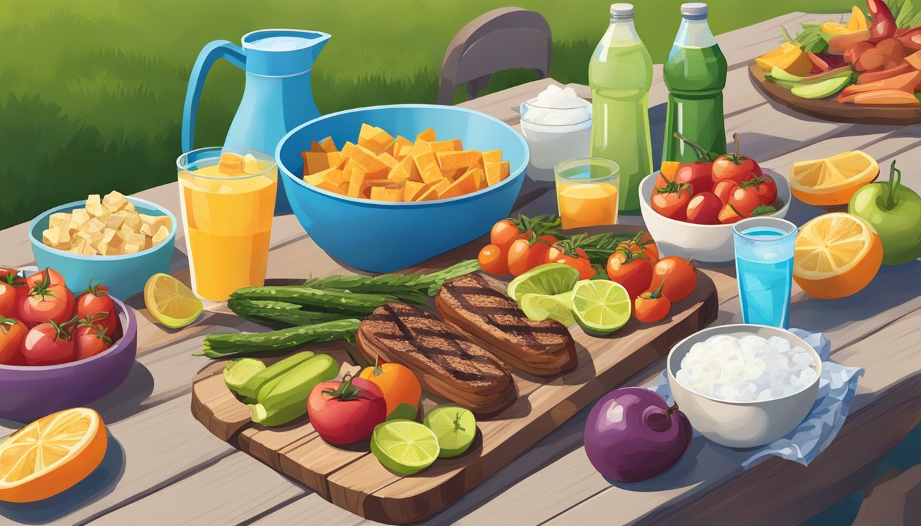 A colorful spread of grilled vegetables, lean meats, and fresh fruit on a picnic table, with a pitcher of water and a cooler of sugar-free beverages nearby