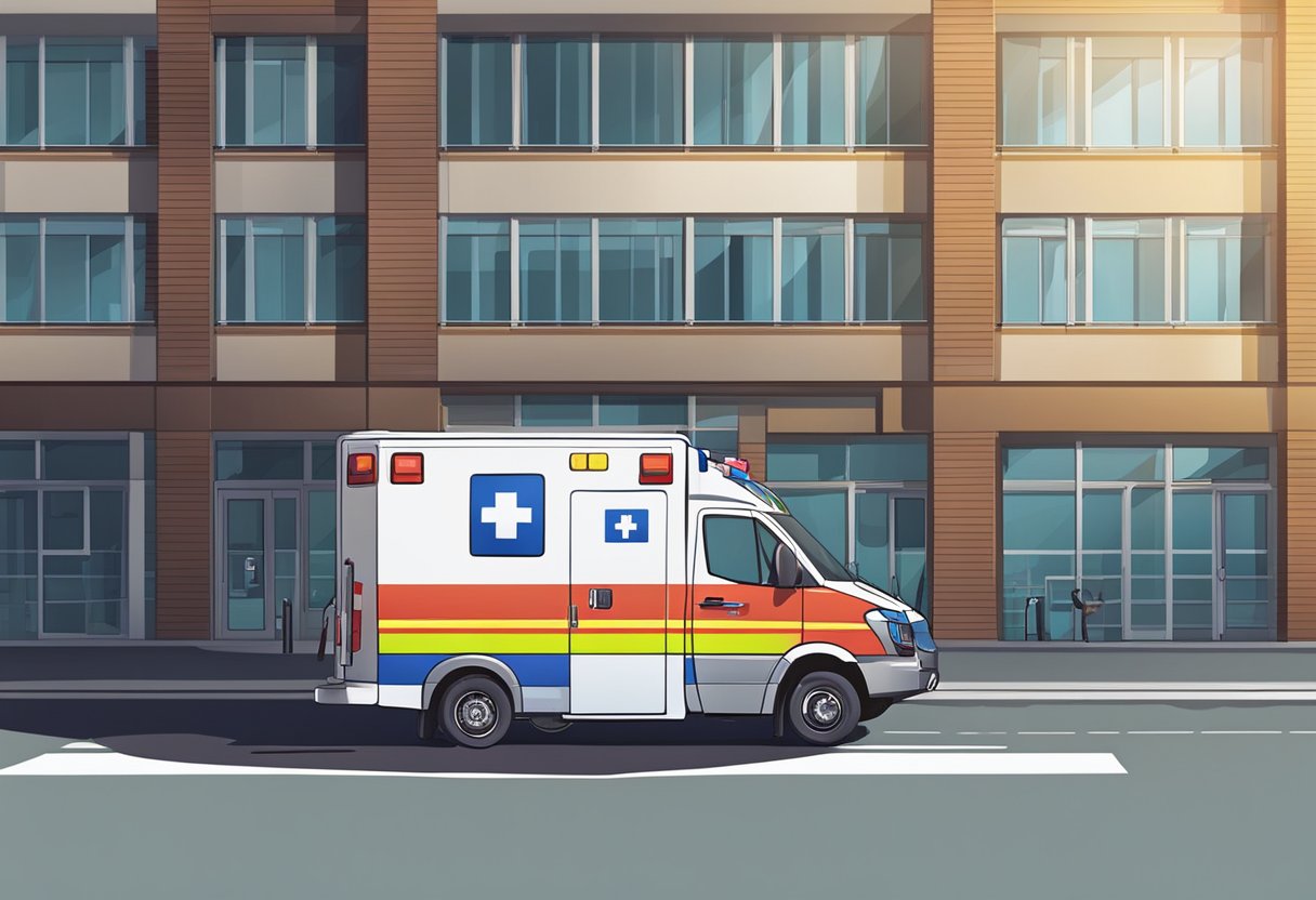 Uma ambulância particular estacionada do lado de fora de um hospital, com uma placa de 24 horas iluminada ao lado.