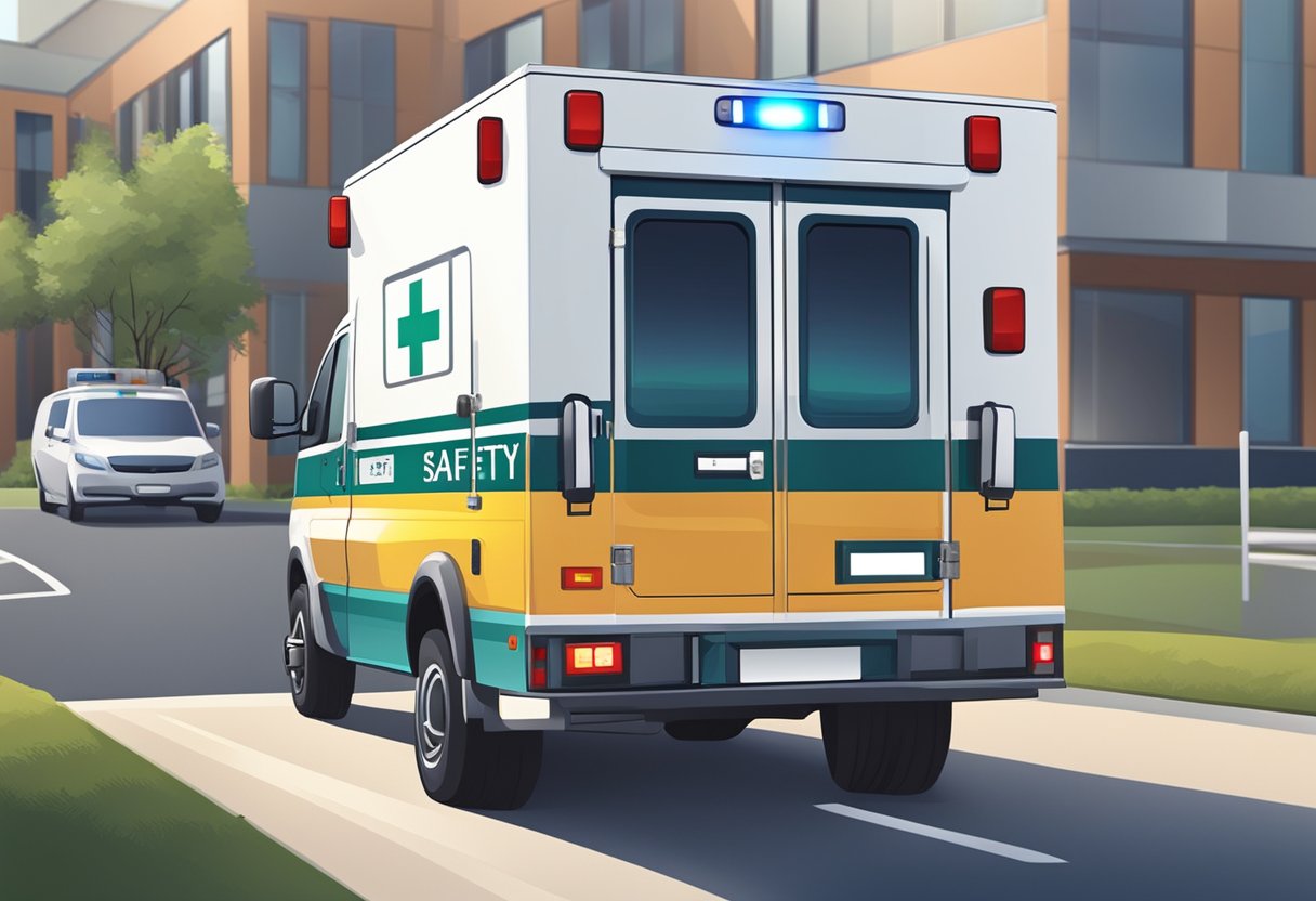 Uma ambulância particular estacionada do lado de fora de um hospital, com um sinal de 24 horas e ênfase na qualidade e segurança do paciente