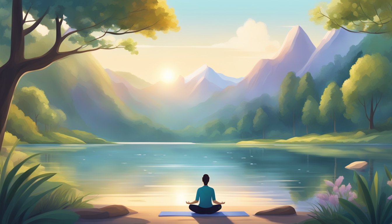 A serene nature scene with a person practicing yoga or meditation, surrounded by calming elements such as water, trees, and gentle sunlight