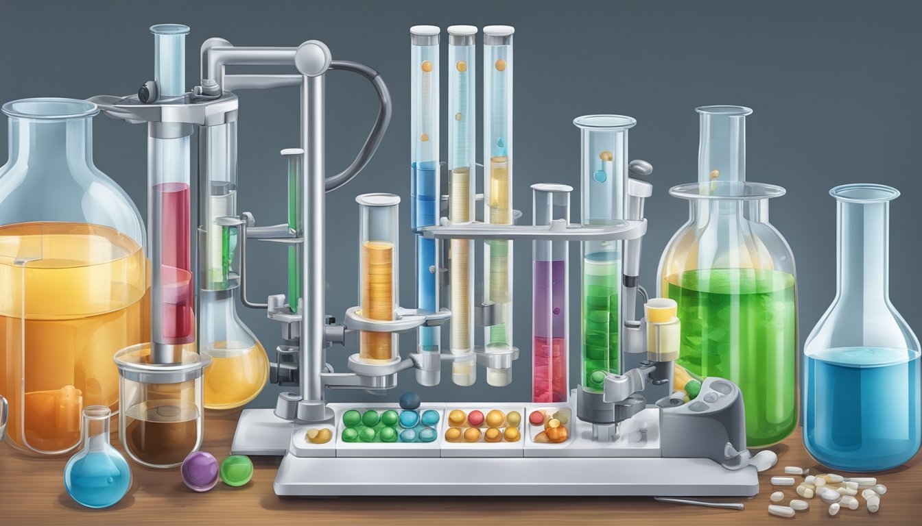 A laboratory setting with test tubes, beakers, and scientific equipment, with a focus on a microscope slide showing the interaction between cortisol, diabetes, and weight gain