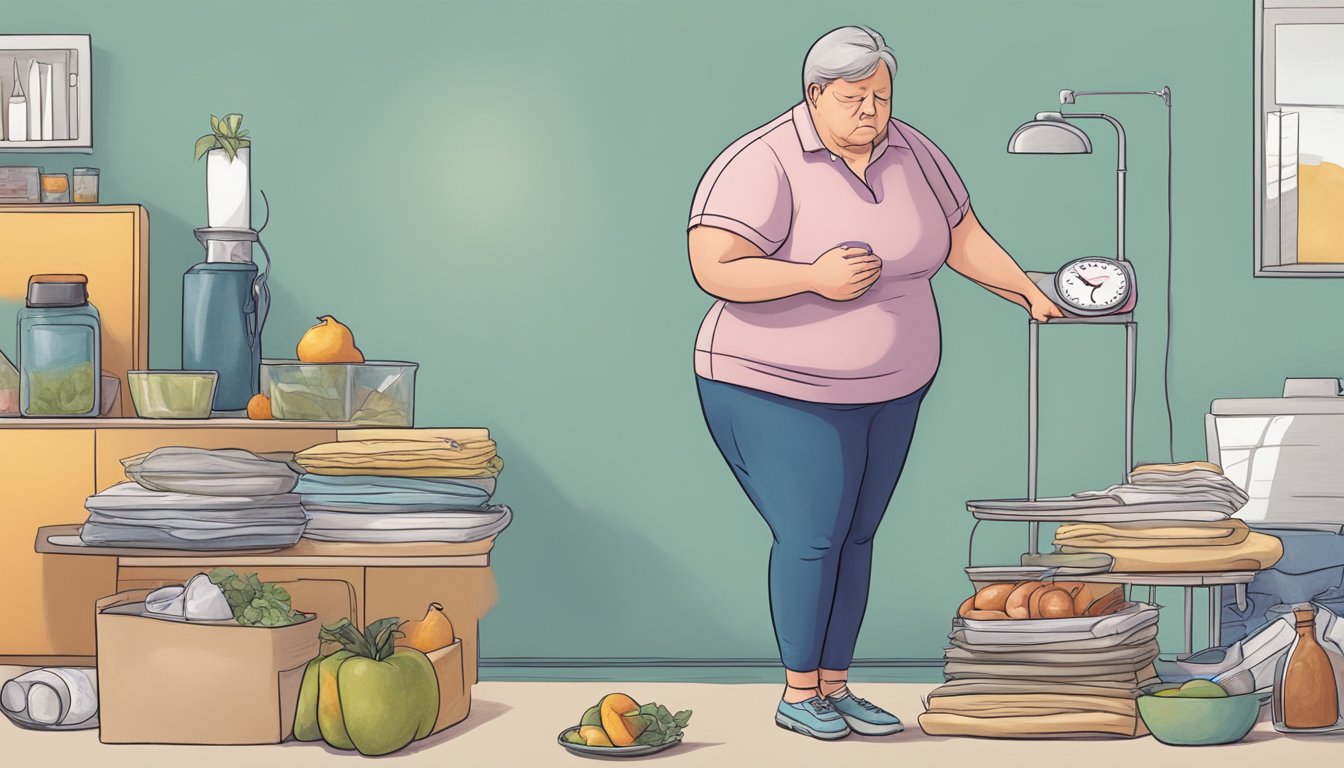 A person with diabetes struggles to manage weight due to chronic pain, depicting frustration and discomfort in daily life